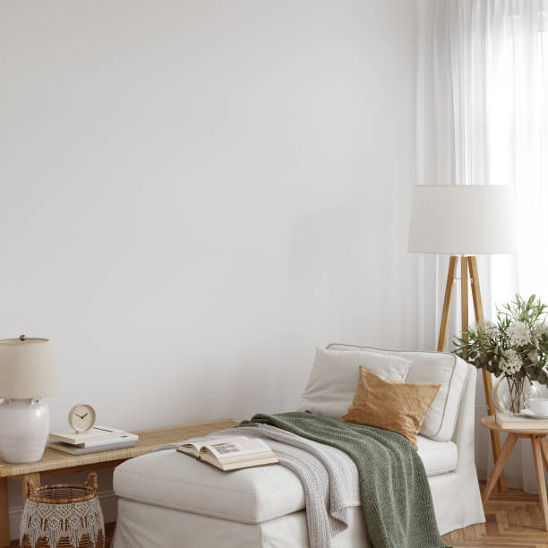 istock Eco Friendly interior style. living room. Wall mockup. Wall art. 3d rendering, 3d illustration 1366511923