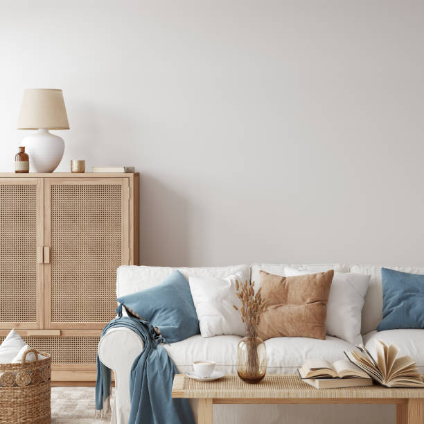 istock Eco Friendly interior style. living room. Wall mockup. Wall art. 3d rendering, 3d illustration 1366511942