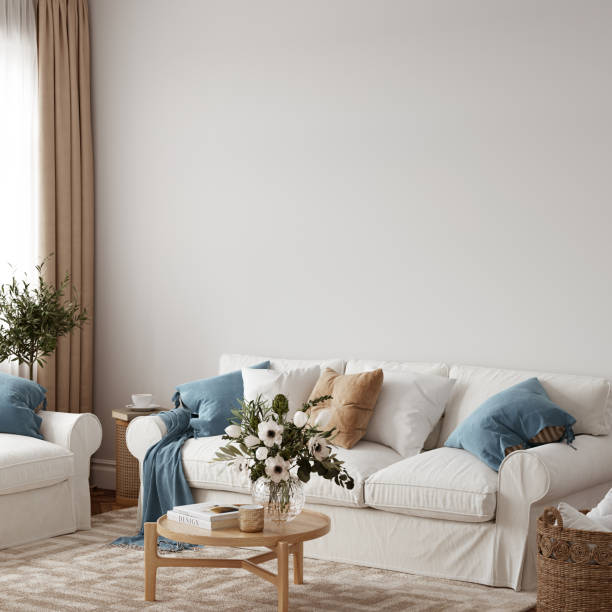 istock Eco Friendly interior style. living room. Wall mockup. Wall art. 3d rendering, 3d illustration 1366511945