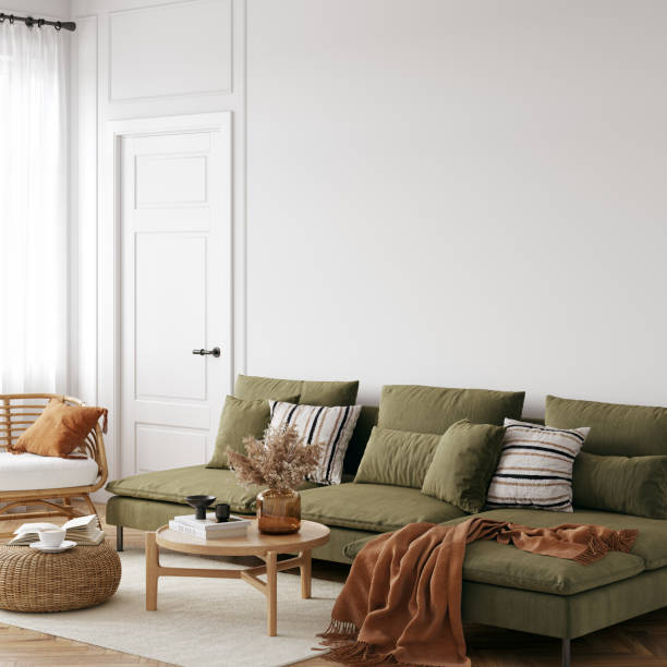 istock Eco Friendly interior style. living room. Wall mockup. Wall art. 3d rendering, 3d illustration 1366511950