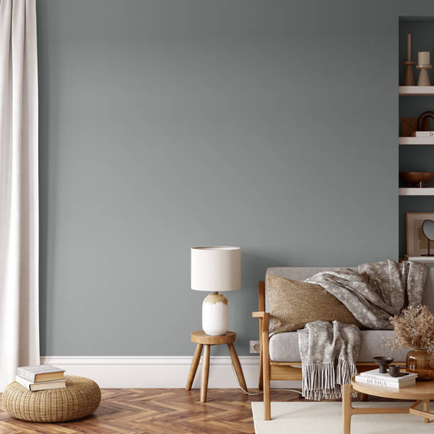 istock Eco Friendly interior style. living room. Wall mockup. Wall art. 3d rendering, 3d illustration 1366511974