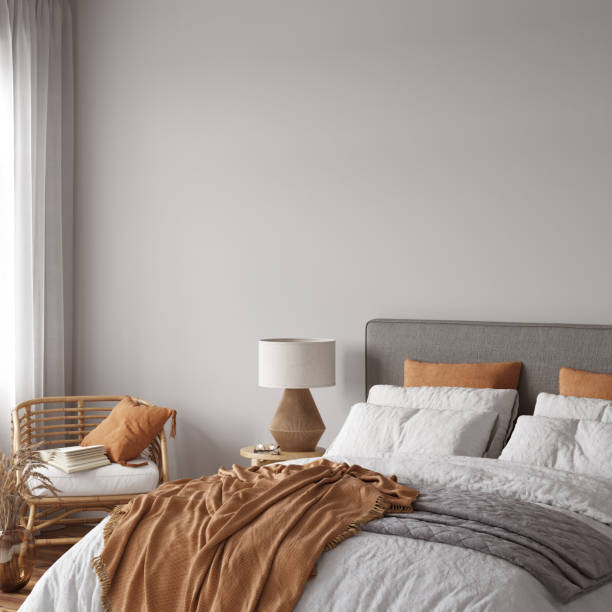 istock Eco Friendly interior style. Bedroom room. Wall mockup. Wall art. 3d rendering, 3d illustration 1366511981