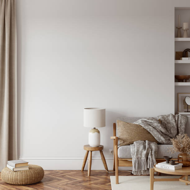 Eco Friendly interior style. living room. Wall mockup. Wall art. 3d rendering, 3d illustration