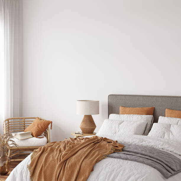 istock Eco Friendly interior style. Bedroom room. Wall mockup. Wall art. 3d rendering, 3d illustration 1366511985