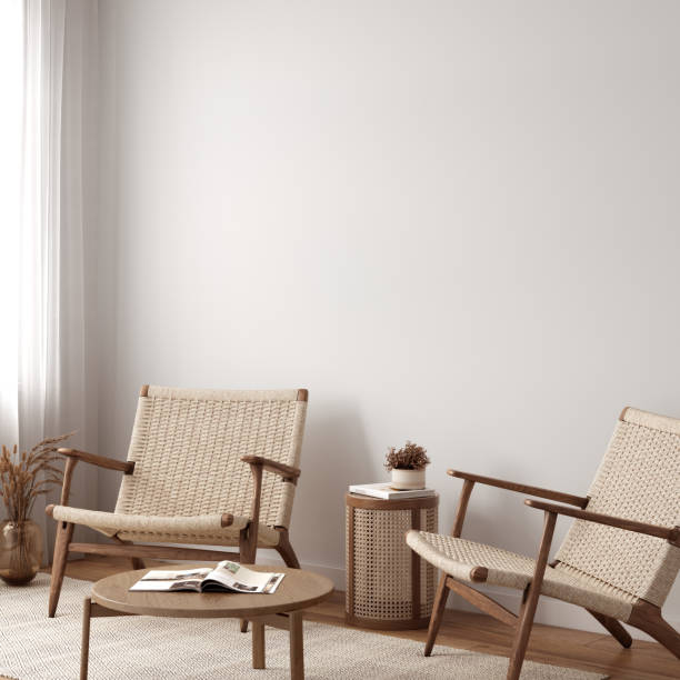 istock Eco Friendly interior style. living room. Wall mockup. Wall art. 3d rendering, 3d illustration 1366512023