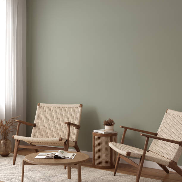 istock Eco Friendly interior style. living room. Wall mockup. Wall art. 3d rendering, 3d illustration 1366512024