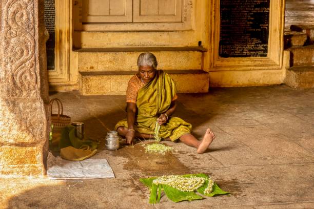 A senior South Asian woman using her skill and experience to weave strands of jasmine petals for women's hair. stock photo
