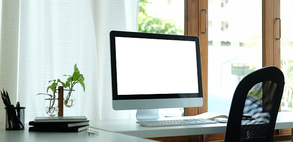 Comfortable workplace with computer, houseplant books and office supplies. Blank screen for your advertising text.