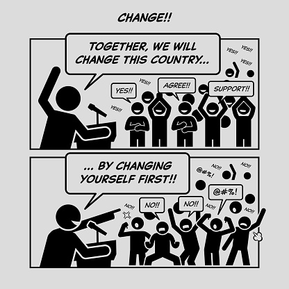 Country leader giving speech and asking his people to change the country by changing themselves first. Comic depicts backlash, protest, sarcasm, and refuse to change.