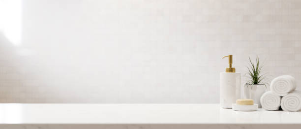 istock Set of modern minimal bath accessories on white countertop 1366516071