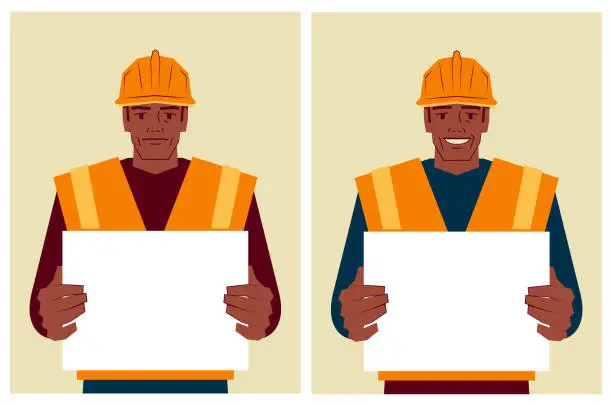 Vector illustration of A blue-collar worker wears a work helmet and holds a blank sign with two different emotions