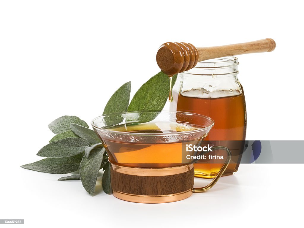 Herbal Sage Tea Herbal tea with salvia and honey on white background Alternative Medicine Stock Photo