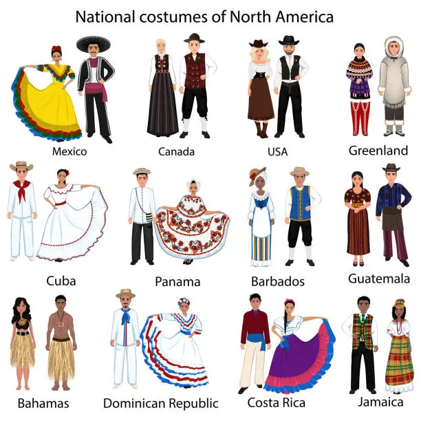 Vector illustration of National costumes of the people of North America. A woman and a man in folk national costumes of USA, Mexico, Canada, Greenland, Cuba, Panama, Barbados, Guatemala, Bahams, Dominican, Costa Rica, Jamaica. Vector illustration