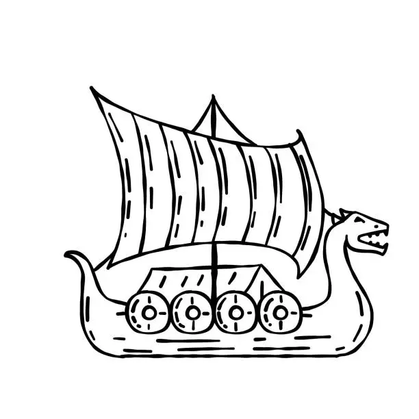 Vector illustration of Drakkar Viking ship. Medieval military boat with sails and shields.