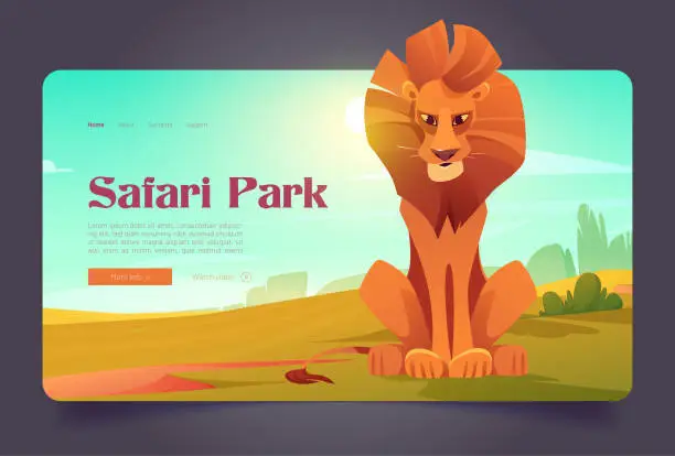 Vector illustration of Safari park banner with cute lion in savannah