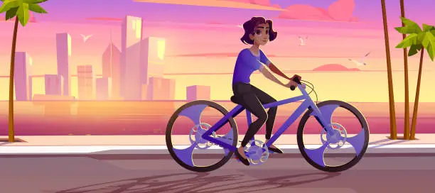Vector illustration of Young woman ride bicycle in city park at sunset