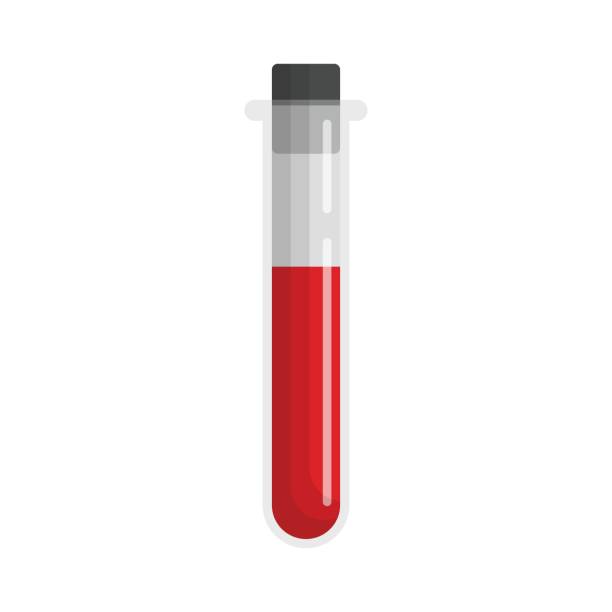 illustrazioni stock, clip art, cartoni animati e icone di tendenza di icona del sangue in provetta in stile piatto. illustrazione vettoriale del pallone da laboratorio su sfondo isolato. liquido nel becher segno concetto di business. - medical research backgrounds laboratory chemistry class