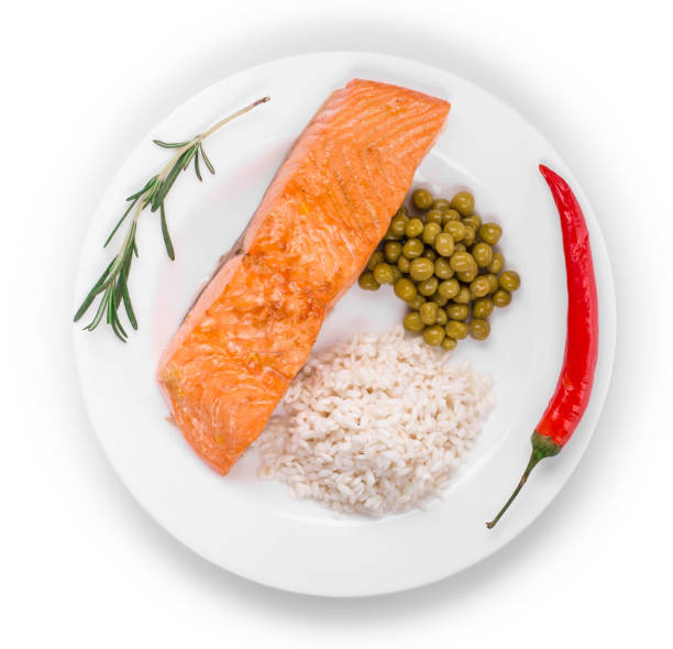 istock Grilled salmon fillet with rice. 1366531784