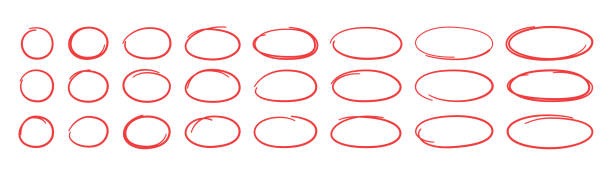 ilustrações de stock, clip art, desenhos animados e ícones de hand drawn red ovals and circles set. ovals of different widths. highlight circle frames. ellipses in doodle style. set of vector illustration isolated on white background - office supply group of objects pencil highlighter