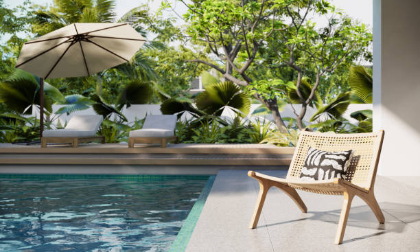 istock garden with swimming pool , 3d rendering illustration, apartment design concept 1366533429