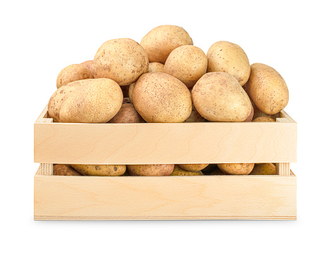 crate with potatoes, white isolated background