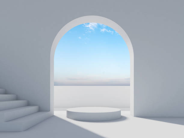 istock White stairway, arch and round podium, 3d background 1366537083