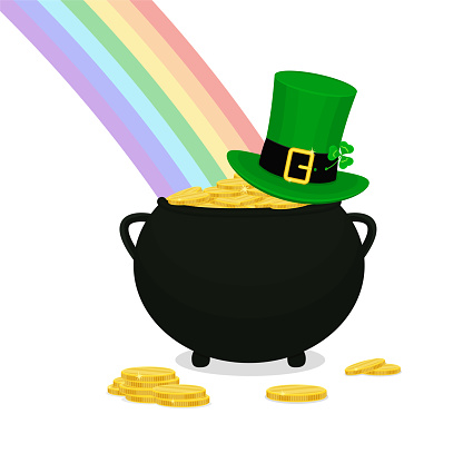 Pot of gold coins, leprechaun hat and rainbow. Patrick's day illustration