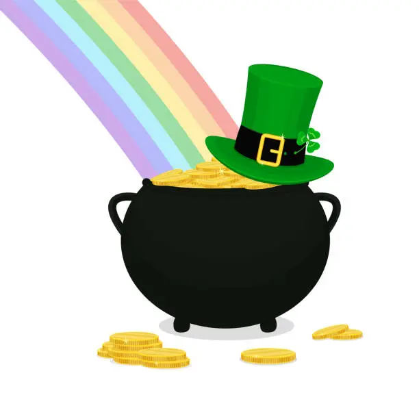 Vector illustration of Pot of gold coins, leprechaun hat and rainbow