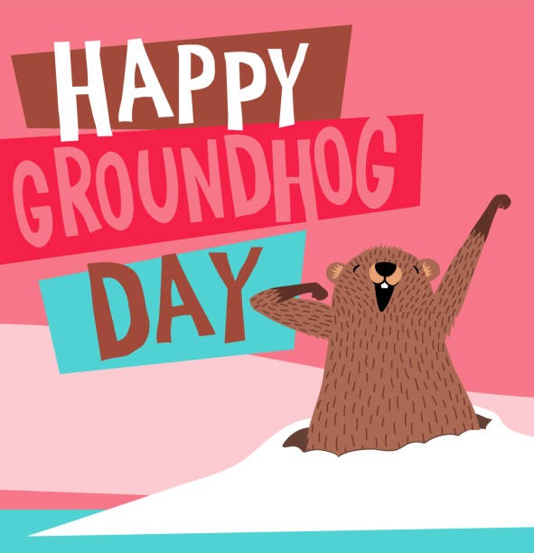 ilustraciones, imágenes clip art, dibujos animados e iconos de stock de feliz ilustración vectorial del día de la marmota con una linda marmota despertando y saliendo de su madriguera. - groundhog day