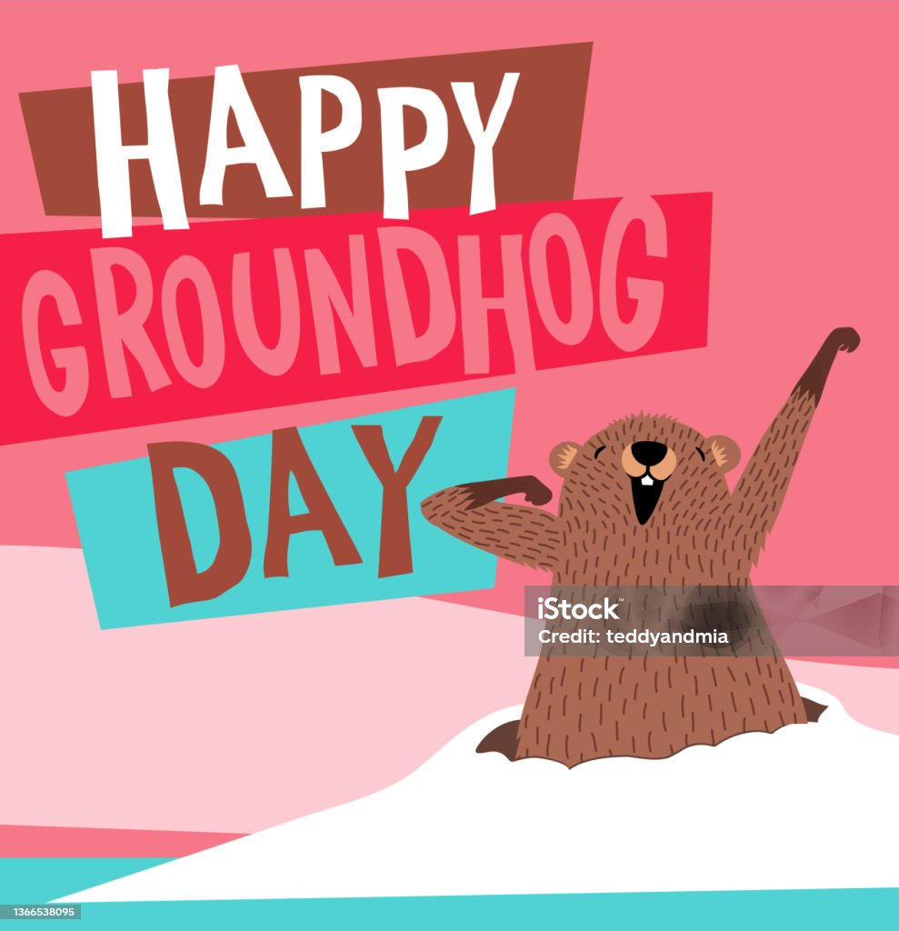 Happy Groundhog Day vector illustration with cute groundhog waking up and coming out of his burrow. - Royalty-free Groundhog Day - Tatil Vector Art