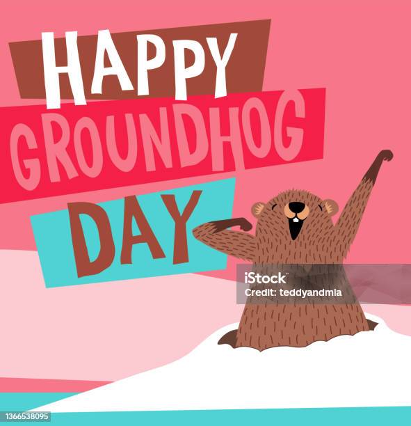 Happy Groundhog Day Vector Illustration With Cute Groundhog Waking Up And Coming Out Of His Burrow Stok Vektör Sanatı & Groundhog Day - Tatil‘nin Daha Fazla Görseli
