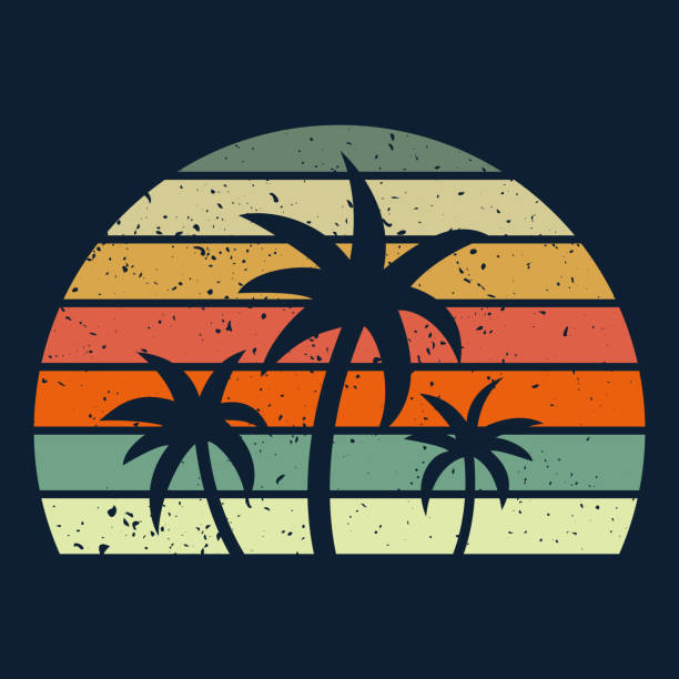 Retro Sunset Vintage retro sunset striped circle with tropical palms silhoettes. striped shirt stock illustrations