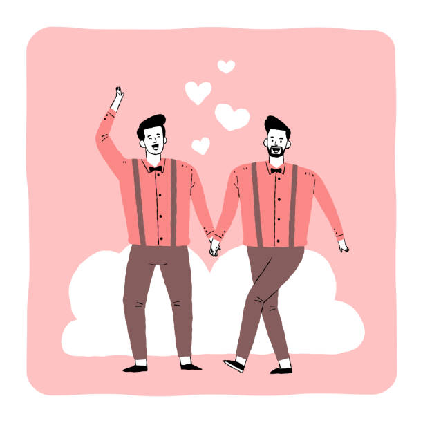 ilustraciones, imágenes clip art, dibujos animados e iconos de stock de pareja de hombres encantadores tomados de la mano y caminando juntos - only men illustrations