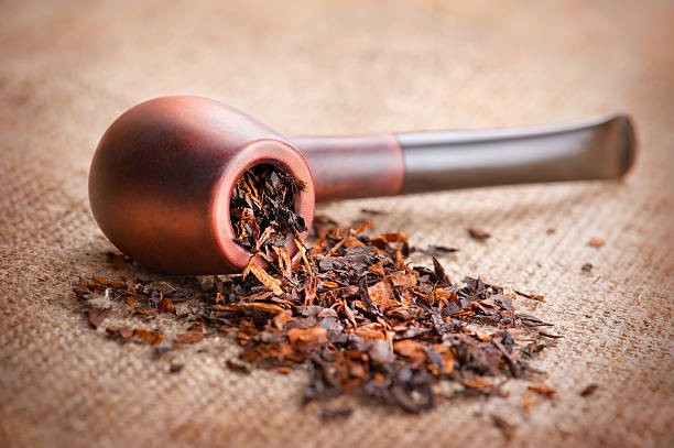 Smoking pipe and tobacco Smoking pipe and tobacco on linen canvas background pipe smoking pipe stock pictures, royalty-free photos & images