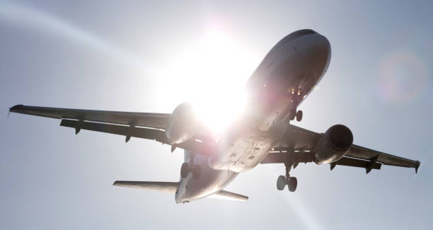 istock Airplane preparing the landing with a blue sky 1366541026
