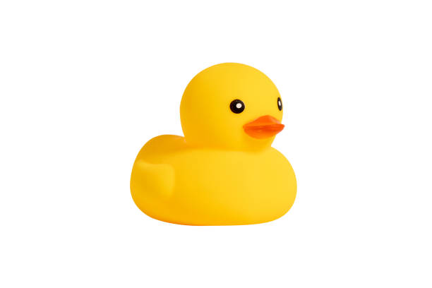 istock Yellow rubber duck toy isolated on white background. 1366541882