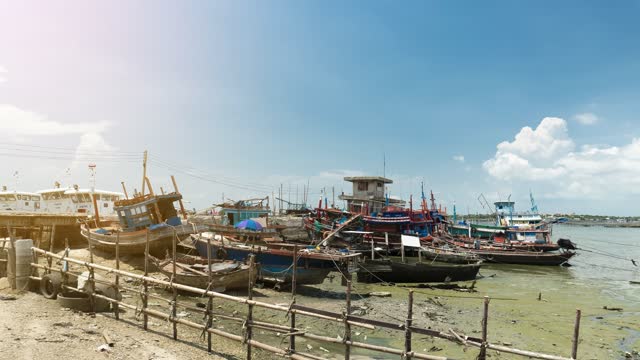 4K Time lapse of Fishing boat parked at the coast in Chonburi, Thailand stock video