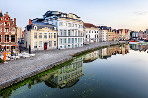Belgium, Ghent - canal and medieval buildings in popular touristic city