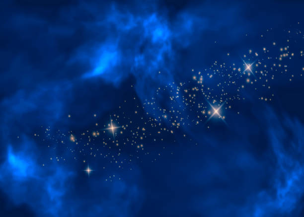 Magic night dark blue sky with sparkling stars. Gold glitter powder splash vector background. Golden scattered dust Magic night dark blue sky with sparkling stars. Gold glitter powder splash vector background. Golden scattered dust. Midnight milky way. Navy classic blue color. Christmas winter texture with clouds. dark blue night stock illustrations