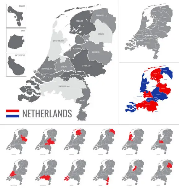 Vector illustration of Detailed vector map of regions of Netherlands with flag