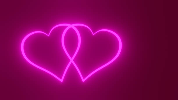 발렌타인 데이 컨셉을 축하하는 커플. 보라색 배경에 두 개의 네온 하트 모양. 3d 렌더링 - valentines day two dimensional shape heart shape love 뉴스 사진 이미지