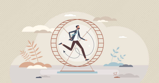 istock Stagnant career as running employee on hamster wheel tiny person concept 1366545467