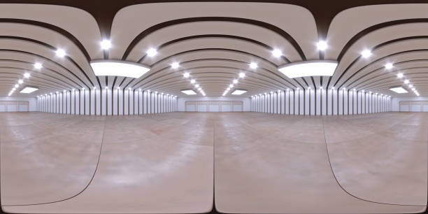 istock Full spherical panorama 360 degrees of empty exhibition space. backdrop for exhibitions and events. Tile floor. Marketing mock up. 3D render illustration. 4K video. 1366550651