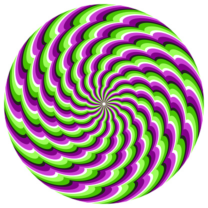 Optical illusion circle of spiral wavy striped pattern. Round colorful template for moving background design.