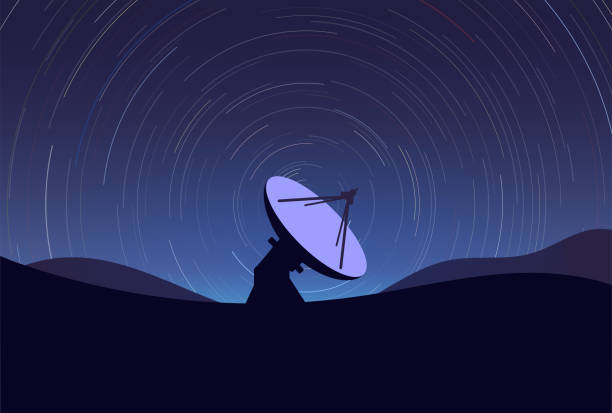 Large radio telescope and star trails Big radio telescope on a hills, with night starry sky and time lapse star trails from Earth moving. Concentric circles from stars. Radio astronomy an interferometer antenna. Science space radar. radio telescope stock illustrations
