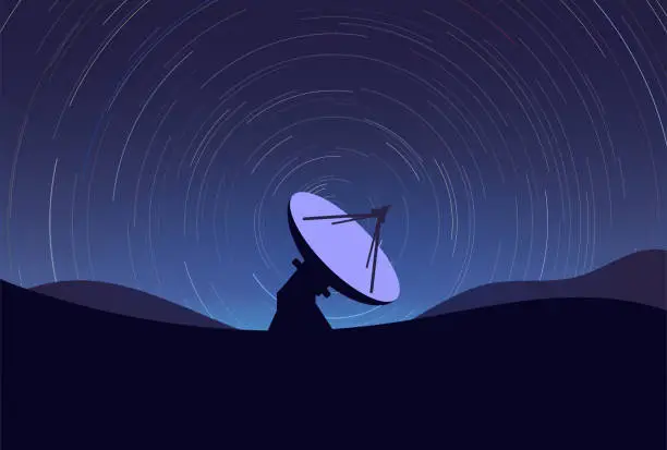 Vector illustration of Large radio telescope and star trails