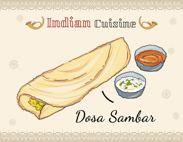 Dosa Sambar Paper Masala dosa, South Indian traditional meal served with sambhar and coconut chutney. Traditional South Indian food. rawa island stock illustrations