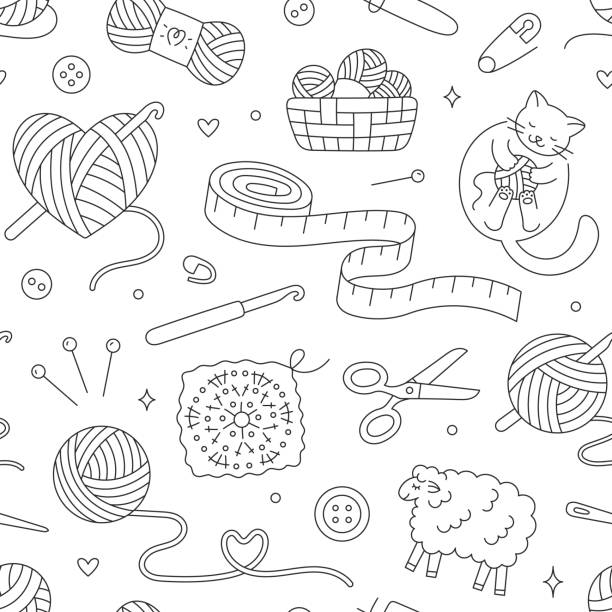 dziewiarski, szydełkowy bezszwowy wzór. tło wektorowe z ilustracją doodle - kot bawiący się wełnianą kulką z przędzy, owcami, haczykiem, motkiem, taśmą mierniczą. czarno-biała grafika liniowa o ręcznie robionych - wool knitting heart shape thread stock illustrations