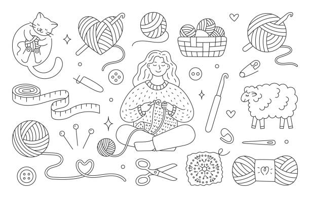 ilustracja szydełkowa doodle, w tym - dziewczęce ubrania na drutach, kot bawiący się wełnianą kulką z przędzy, owca, haczyk, motek. ręcznie rysowana urocza grafika liniowa o ręcznie robionych. rysunek do kolorowania. edytowalny obrys - strona książki do kolorowania technika ilustracji stock illustrations