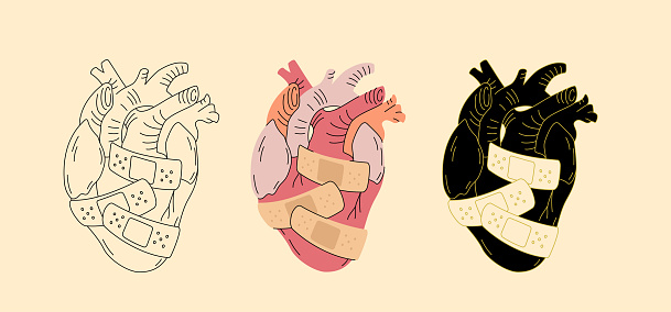 Heart with medical patches vector illustration in linear, colored, and black and gold. Tattoo, t-shirt, poster, Valentine card templates. Blooming heart aesthetic.